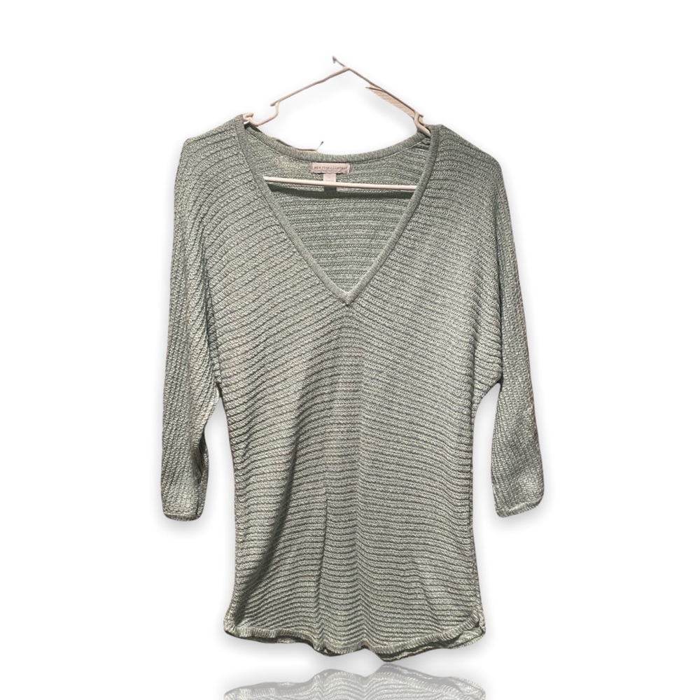 New York & Company Women’s Aqua V Neck Waffle Knit 3/4 Sleeve Sweater
